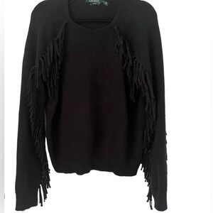 Lauren Ralph Lauren Women’s Black Cotton Fringe Crew Neck Sweater Size M